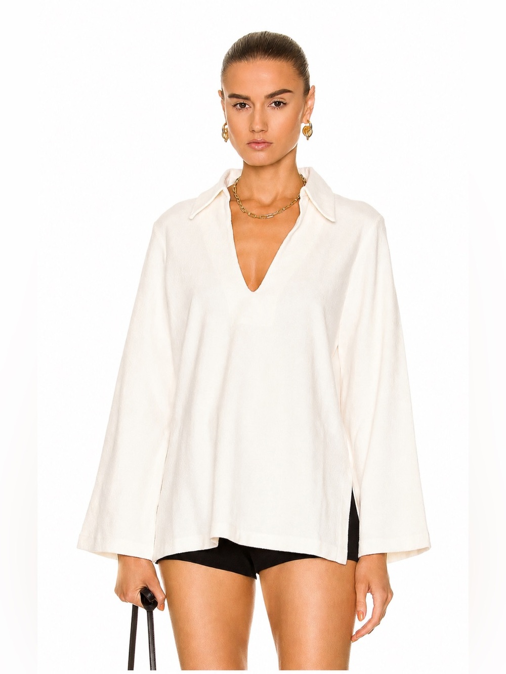 Nili Lotan Paulette Terry Cloth Shirt Top Blouse Long Sleeve Ivory Cream White M